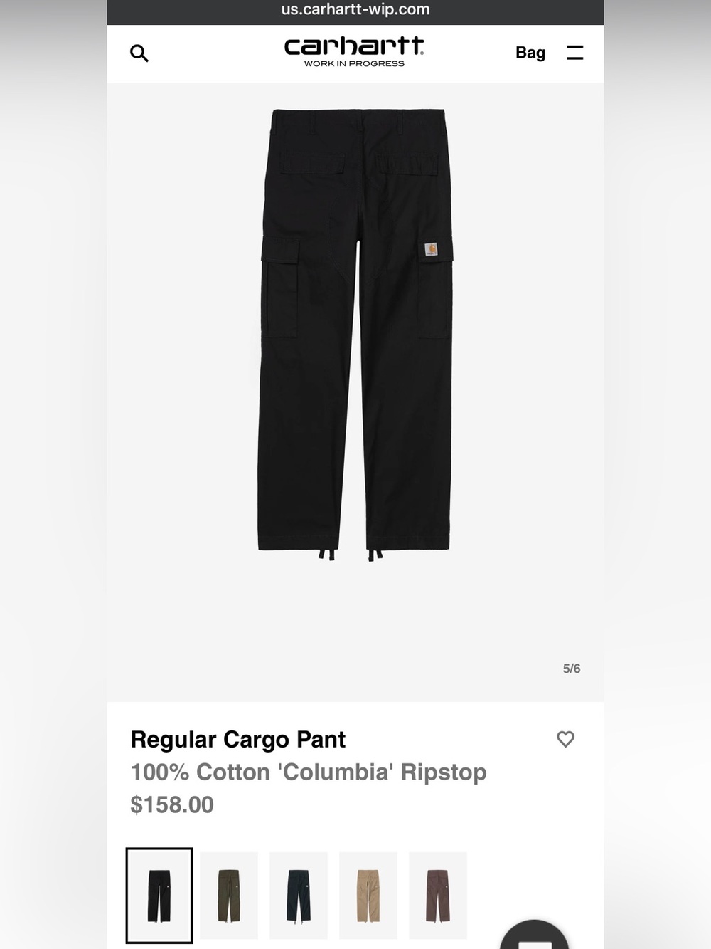 CARHARTT WIP REGULAR CARGO PANTS BLACK SIZE XL - Picture 7 of 7